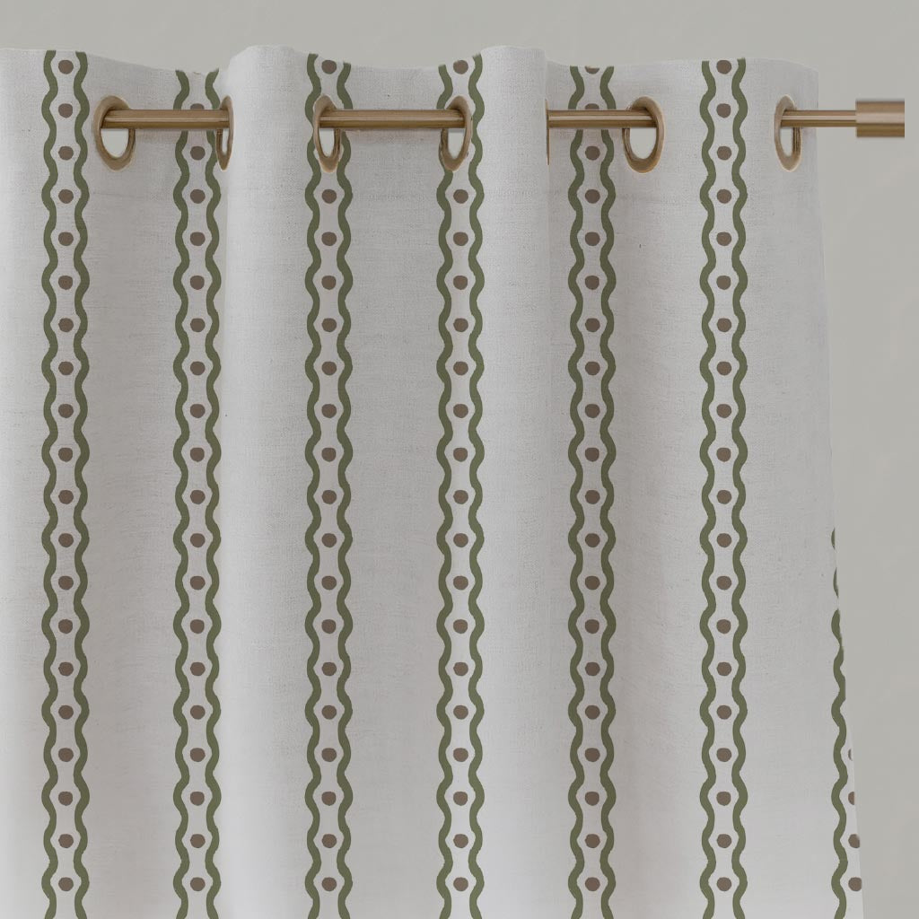 Green Abstract Striped Linen Eyelet Curtain - Margarie Moss-WHT - White base fabric.
