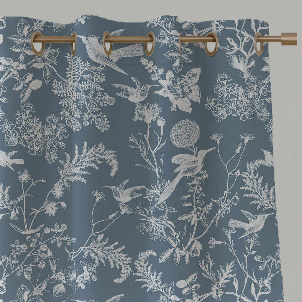Blue Floral Linen Eyelet Curtains - Marianne Agate Blue - White base fabric.