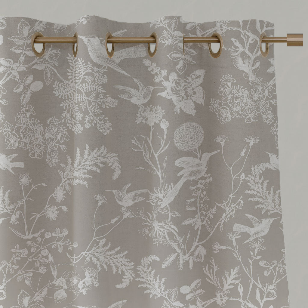 Neutral / Grey Floral Linen Eyelet Curtains - Marianne Almond  - White base fabric.