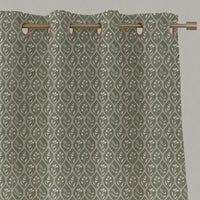 Green Floral Linen Eyelet Curtains - Miny Moss-WHT - White base fabric.