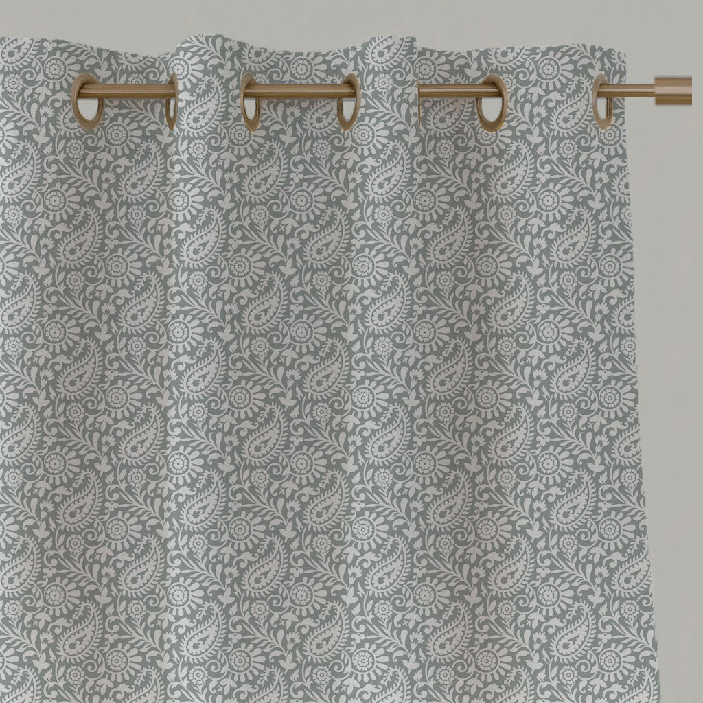 Grey Patterned Linen Eyelet Curtains - Nora Greige-WHT - White base fabric.