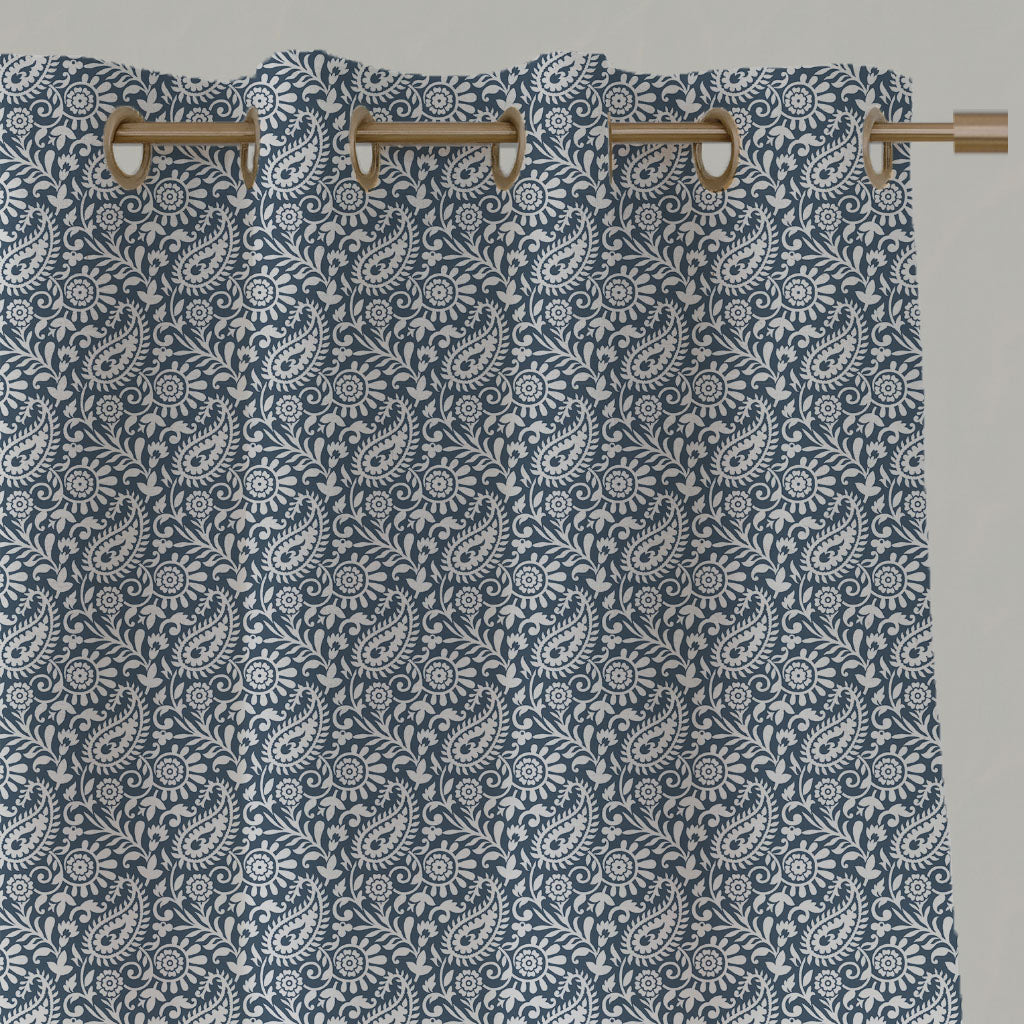 Blue Patterned Linen Eyelet Curtains - Nora Ink-WHT - White base fabric.