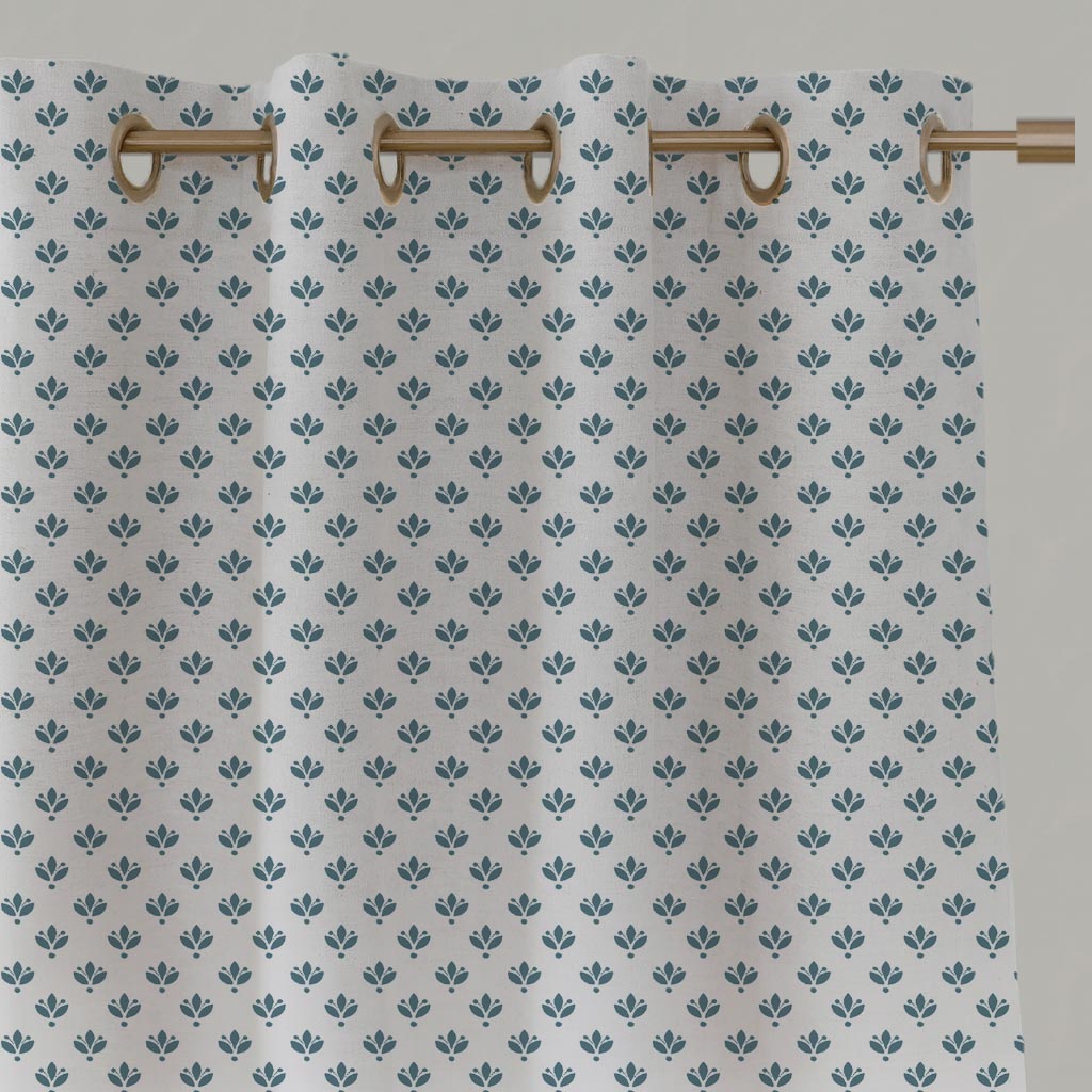 Blue Botanical Linen Eyelet Curtain - Olgie Paris Blue-WHT - White base fabric.