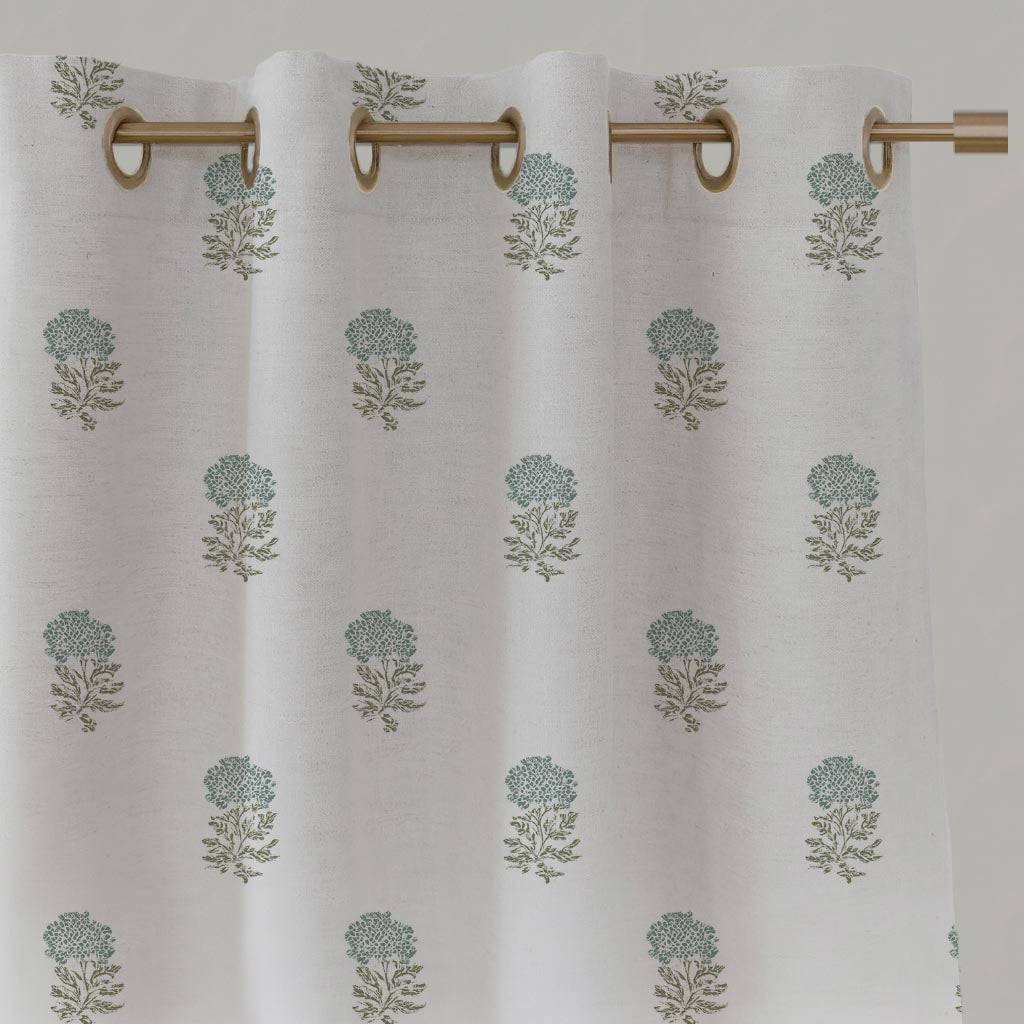 Light Green Floral Linen Eyelet Curtain - Pearlie Sage-WHT - White base fabric.