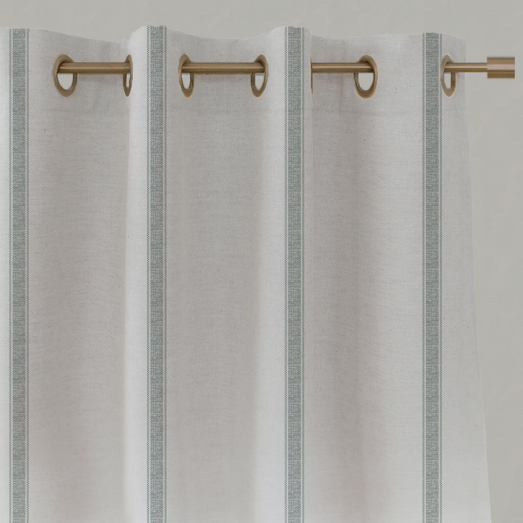 Grey Striped Linen Eyelet Curtains - Rune Greige - White base fabric.
