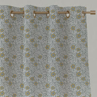 Yellow Floral Linen Eyelet Curtains - Ruth Dijon - White base fabric.