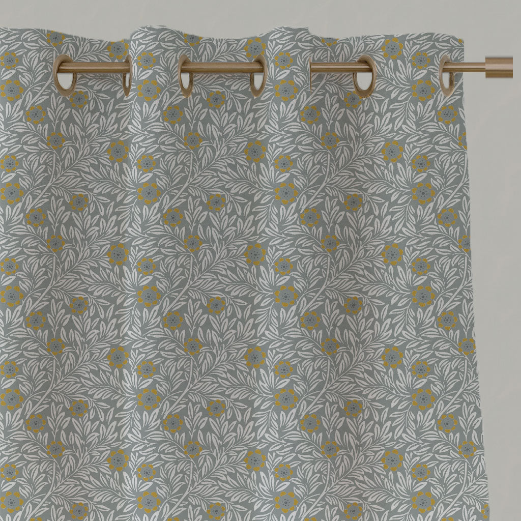 Yellow Floral Linen Eyelet Curtains - Ruth Dijon - White base fabric.
