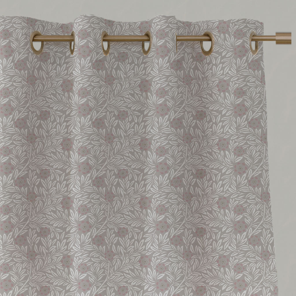 Grey / Pink Floral Linen Eyelet Curtains - Ruth Peony - White base fabric.