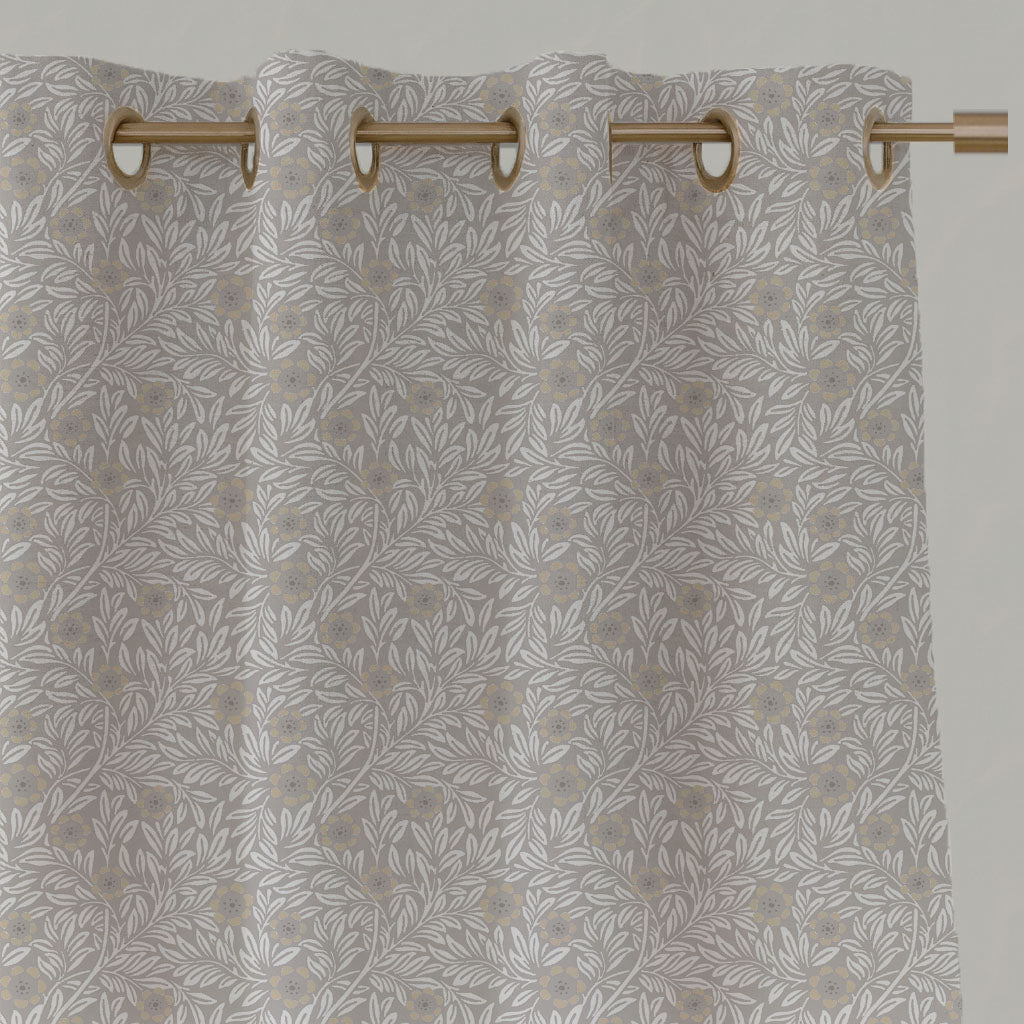 Neutral / Grey / Brown Floral Linen Eyelet Curtains - Ruth Powder Sand - White base fabric.