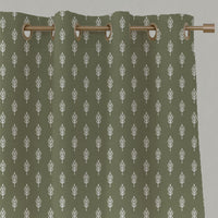 Green Botanical Linen Eyelet Curtains - Sariann-INV Moss - White base fabric.