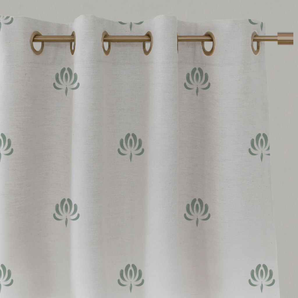 Green Floral Linen Eyelet Curtains - Sarianna Meadow - White base fabric.