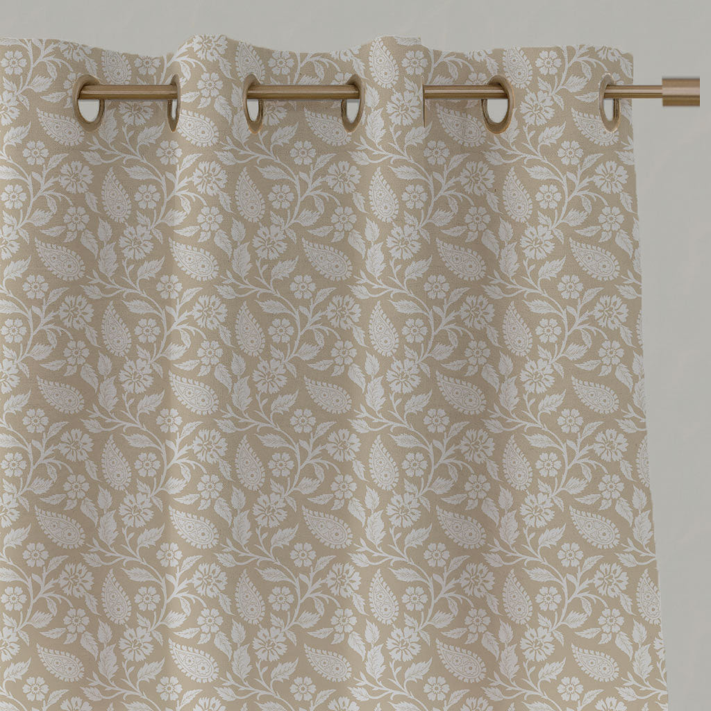 Neutral / Brown Floral Linen Eyelet Curtains - Sonja Powder Sand - White base fabric.