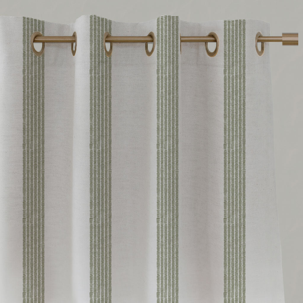 Green Striped Linen Eyelet Curtains - Sumi Moss-WHT - White base fabric.