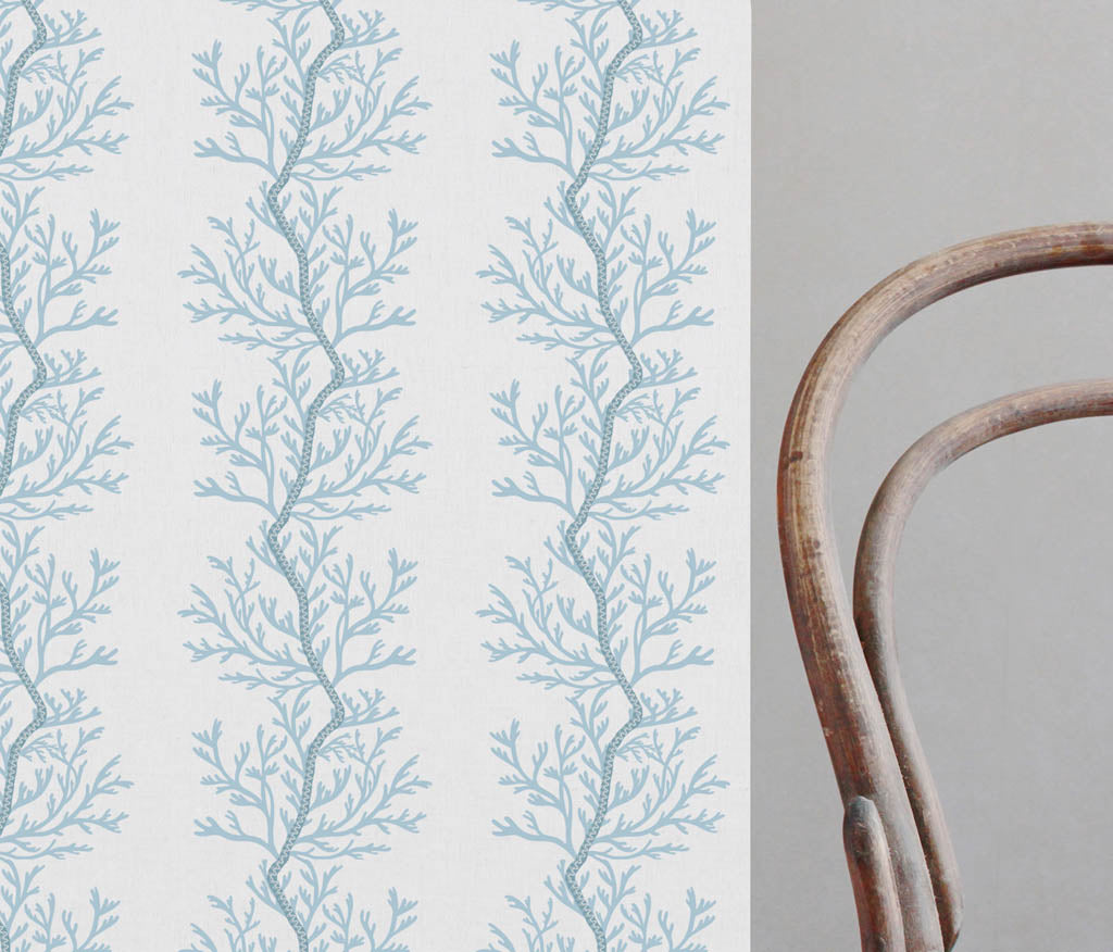 Galilea Sky - white curtain fabric with Blue abstract print