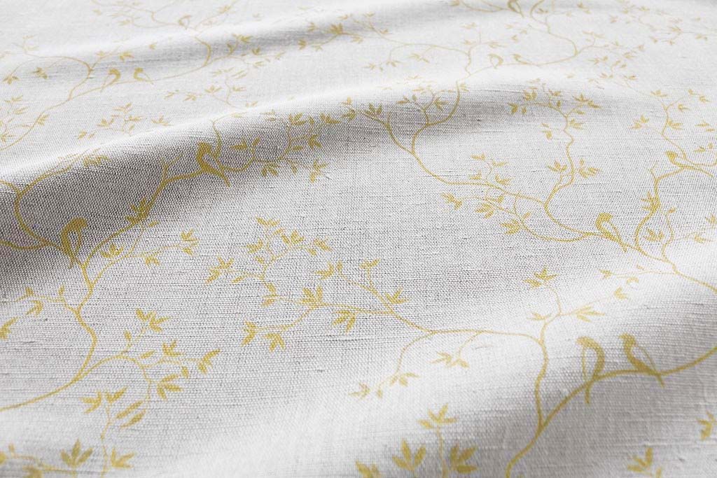 Botanical yellow Curtain Fabric - yellow leaves and birds