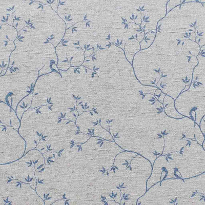 Botanical Blue Curtain Fabric - Blue tree with leaves and birds