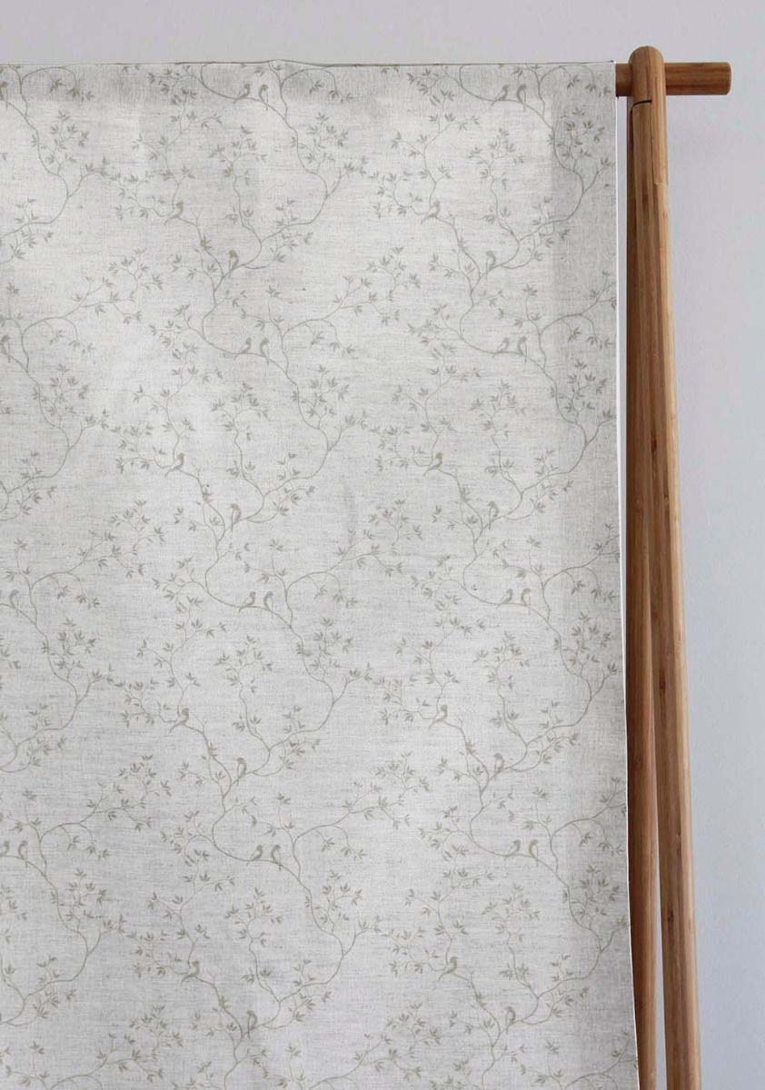 Botanical Grey Curtain Fabric - Grey leaves and birds