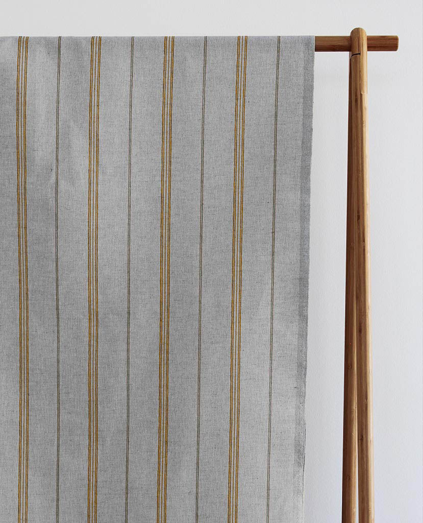Elise Gold Ochra - Linen Cotton mix curtain fabric, Orange & Grey stripes