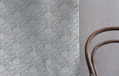 Katarina Greige - White linen fabric with Grey floral print