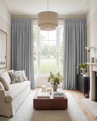 Grey Made to measure linen curtains for Living room and Bedroom. Blackout lined. Greta Stone.