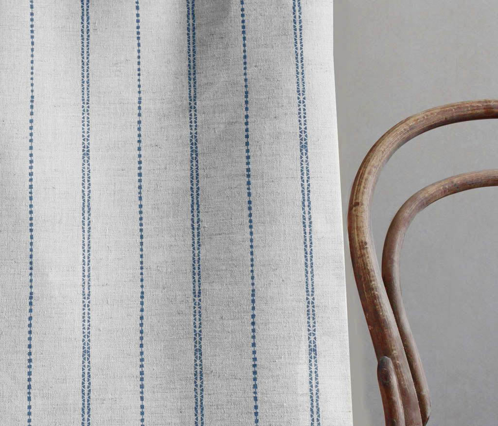 Inga-NAT Night Blue - Natural fabric with Blue decorative stripes, Linen Cotton mix