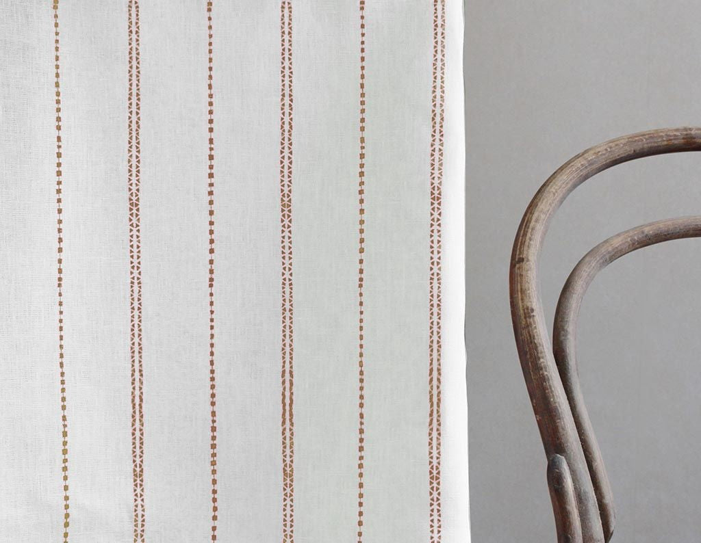 Inga Sand - White fabric with Brown decorative stripes, 100% Linen