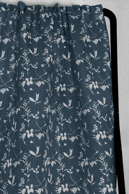 Flora Ink - Curtain fabric with Blue botanical print