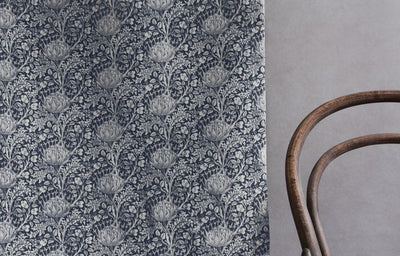 Katarina Ink - White linen fabric with Dark Blue floral print