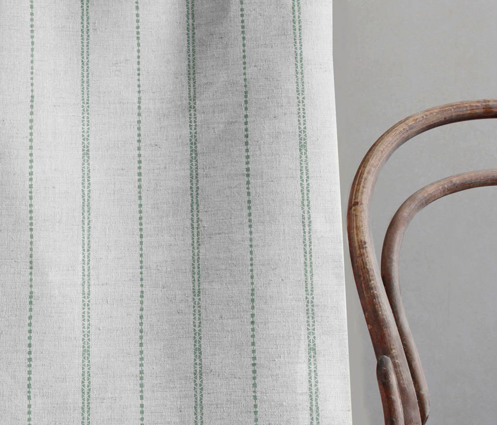 Inga-NAT Jade Mist - Natural fabric with Green decorative stripes, Linen Cotton mix