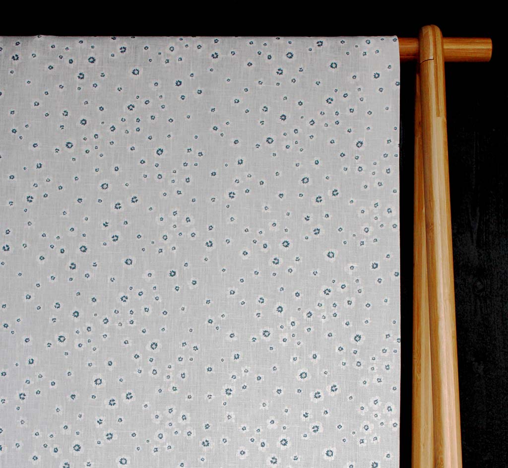 Janika Ink - Linen curtain fabric - Dark Blue flower print on Grey background