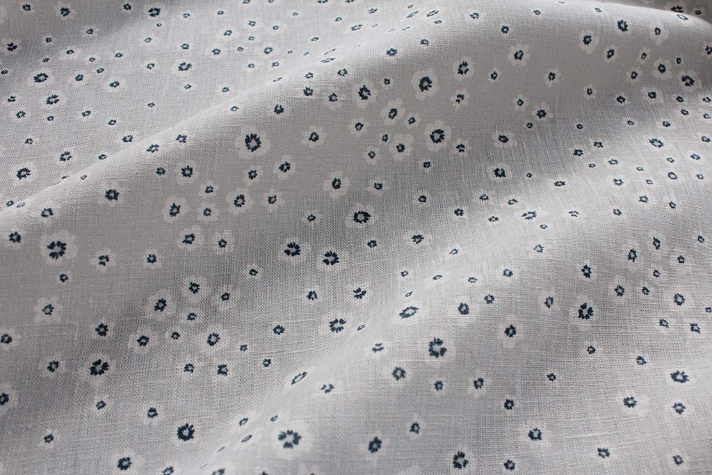 Janika Ink - Linen curtain fabric - Dark Blue flower print on Grey background