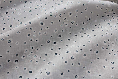 Janika Ink - Linen curtain fabric - Dark Blue flower print on Grey background