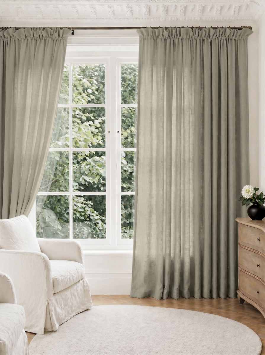 Khaki Green Pleated Linen curtains for Living room. Made of pre-washed linen Bianco Khaki by Ada & Ina.