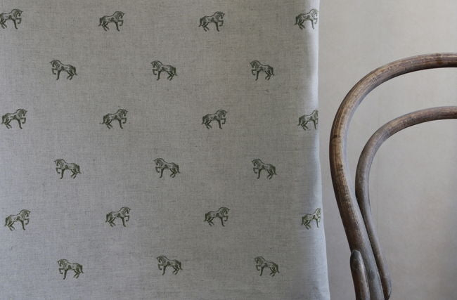 Horse Khaki - Curtain fabric with green pattern of horses