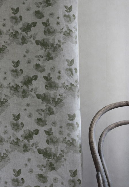Rose Khaki - Natural curtain fabric, Green floral pattern