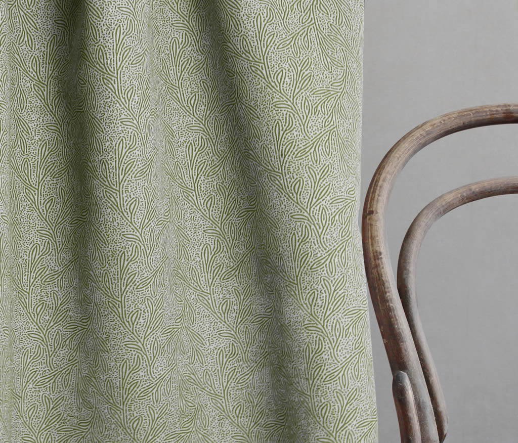 Alma Khaki Linen Fabric - Linen Curtain fabric with Green botanical print. Create Unique Linen Curtains.