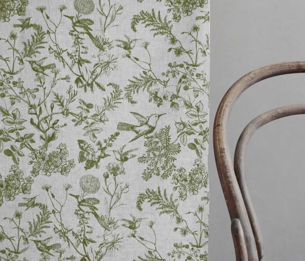 Marianne-INV Khaki - Curtain fabric with Green botanical print