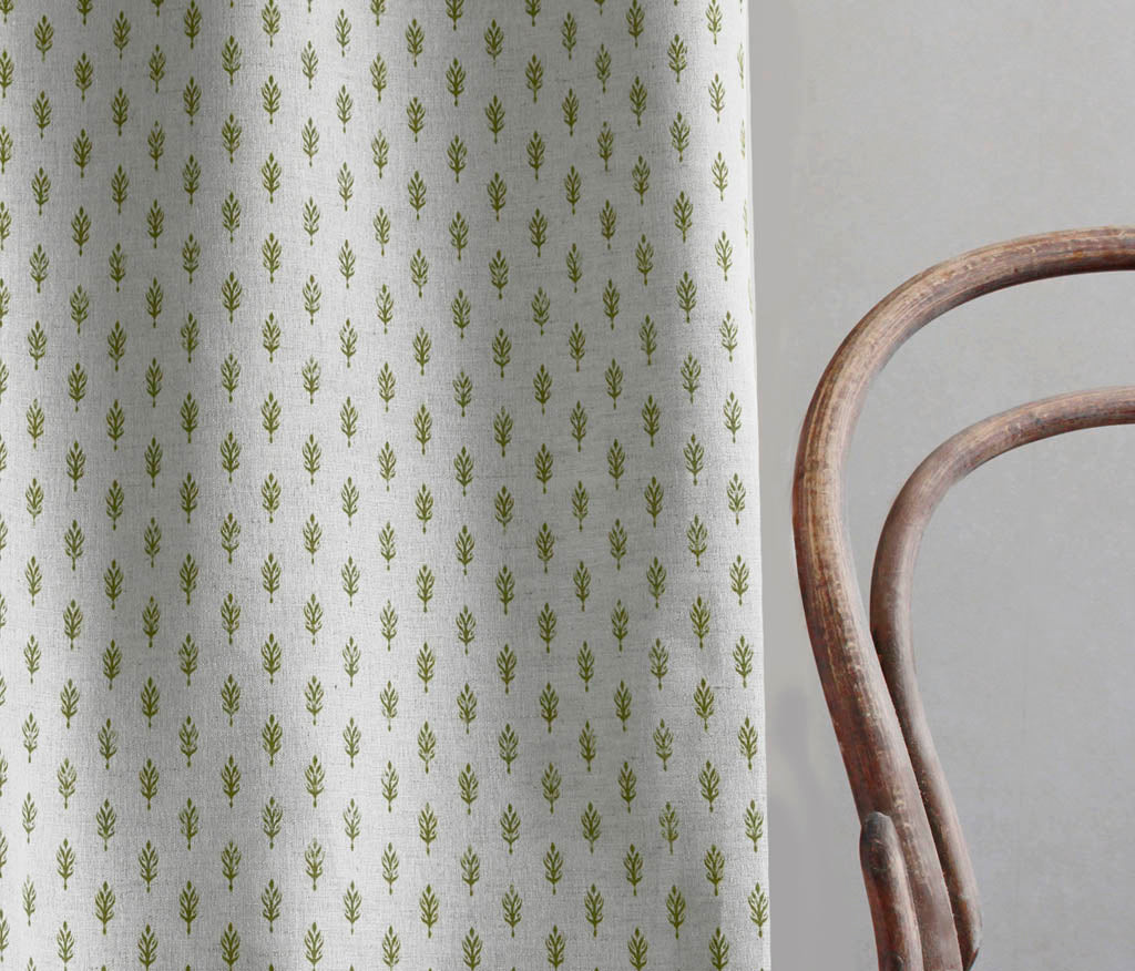 Sariann Khaki - Curtain fabric with Green botanical print