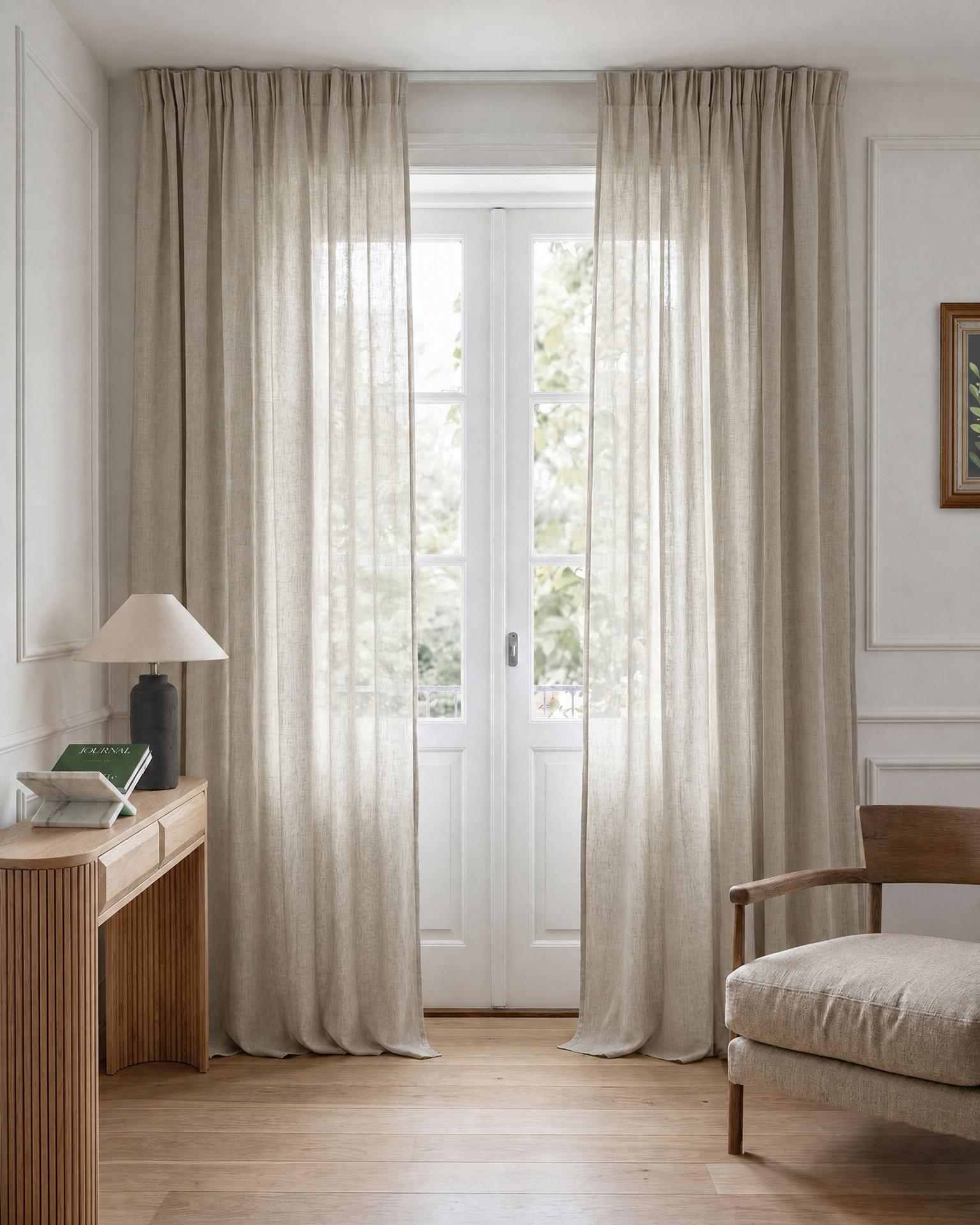 Light Natural / Oatmeal Pleated bespoke linen curtains. Made of pre-washed 100% Linen fabric -  Lupe Oatmeal