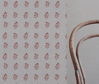 Red Floral Linen Curtain Fabric - Cherie Crimson Red - Natural base fabric.