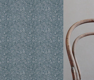 Blue Floral Linen Curtain Fabric - Cheye Blue Stone - Natural base fabric.