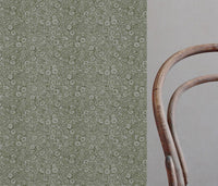 Green Floral Linen Curtain Fabric - Cheye Khaki - Natural base fabric.