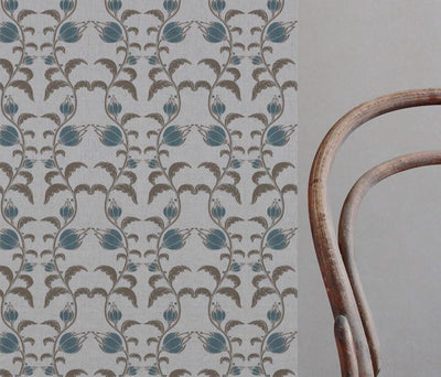 Blue and Brown Patterned Linen Curtain Fabric - Dana Blue Pebble  - Natural base fabric.