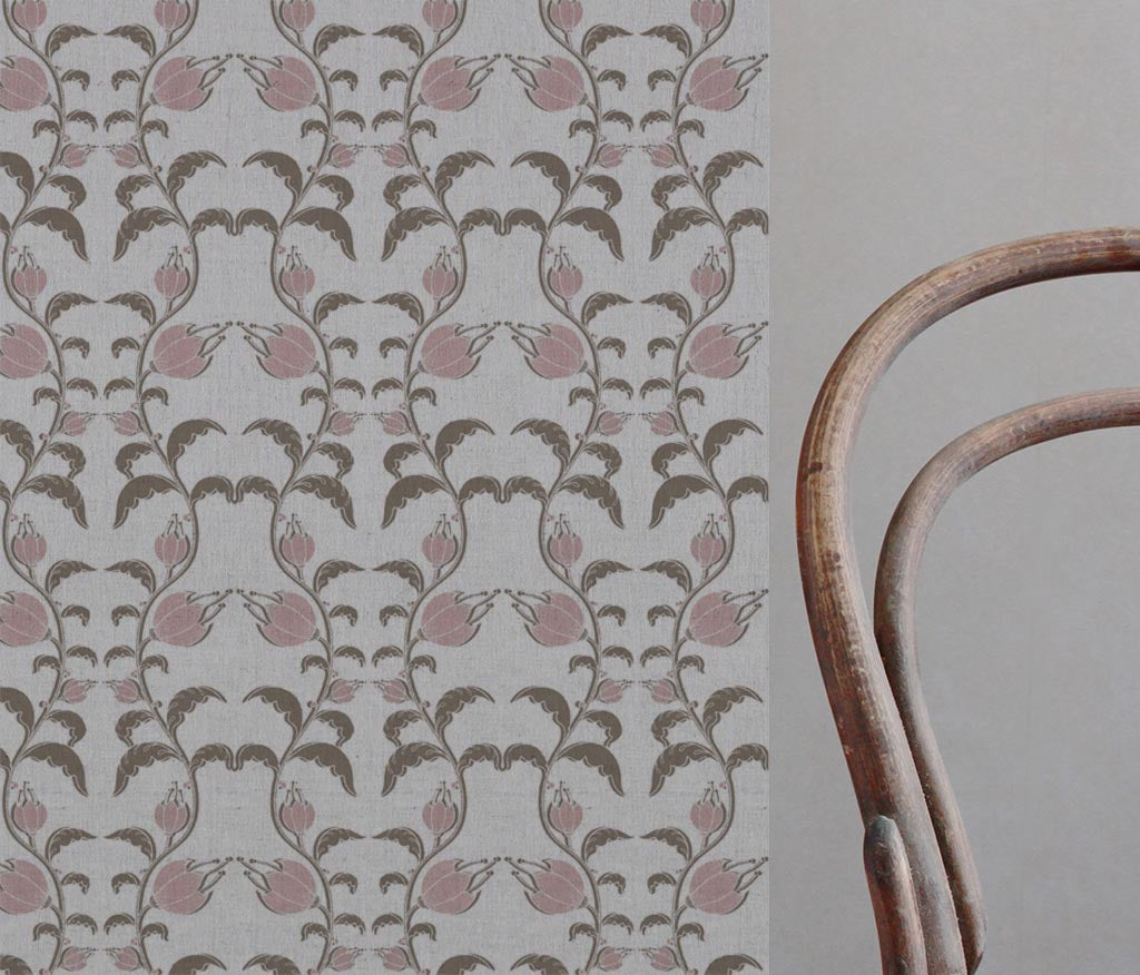 Pink and Brown Patterned Linen Curtain Fabric - Dana Pink Pebble  - Natural base fabric.