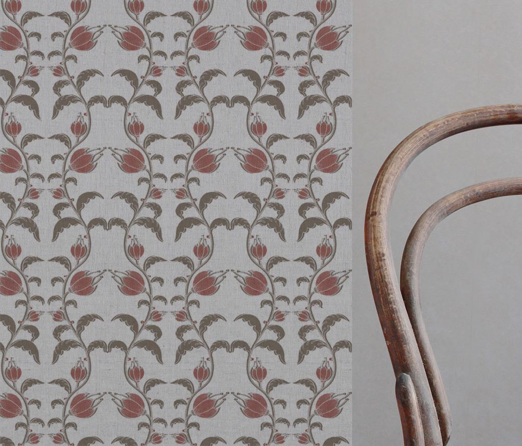 Red and Brown Patterned Linen Curtain Fabric - Dana Red Pebble  - Natural base fabric.