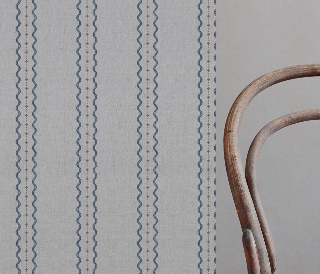 Blue and Brown Patterned Linen Curtain Fabric - Daphne Denim - Natural base fabric.