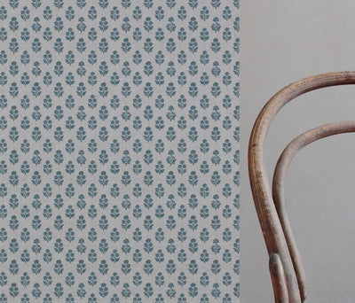 Blue Floral Linen Curtain Fabric - Doris Blue Stone - Natural base fabric.