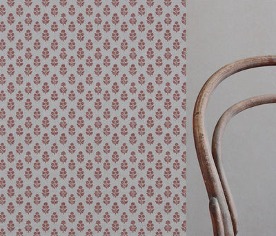 Red Floral Linen Curtain Fabric - Doris Crimson Red - Natural base fabric.