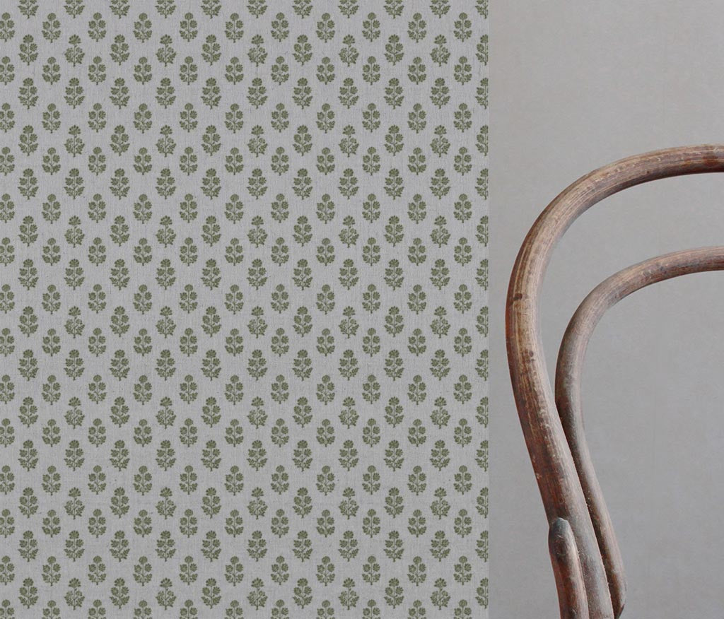 Green Floral Linen Curtain Fabric - Doris Khaki - Natural base fabric.