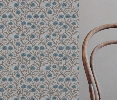 Blue Floral Linen Curtain Fabric - GoldMae Blue Stone - Natural base fabric.